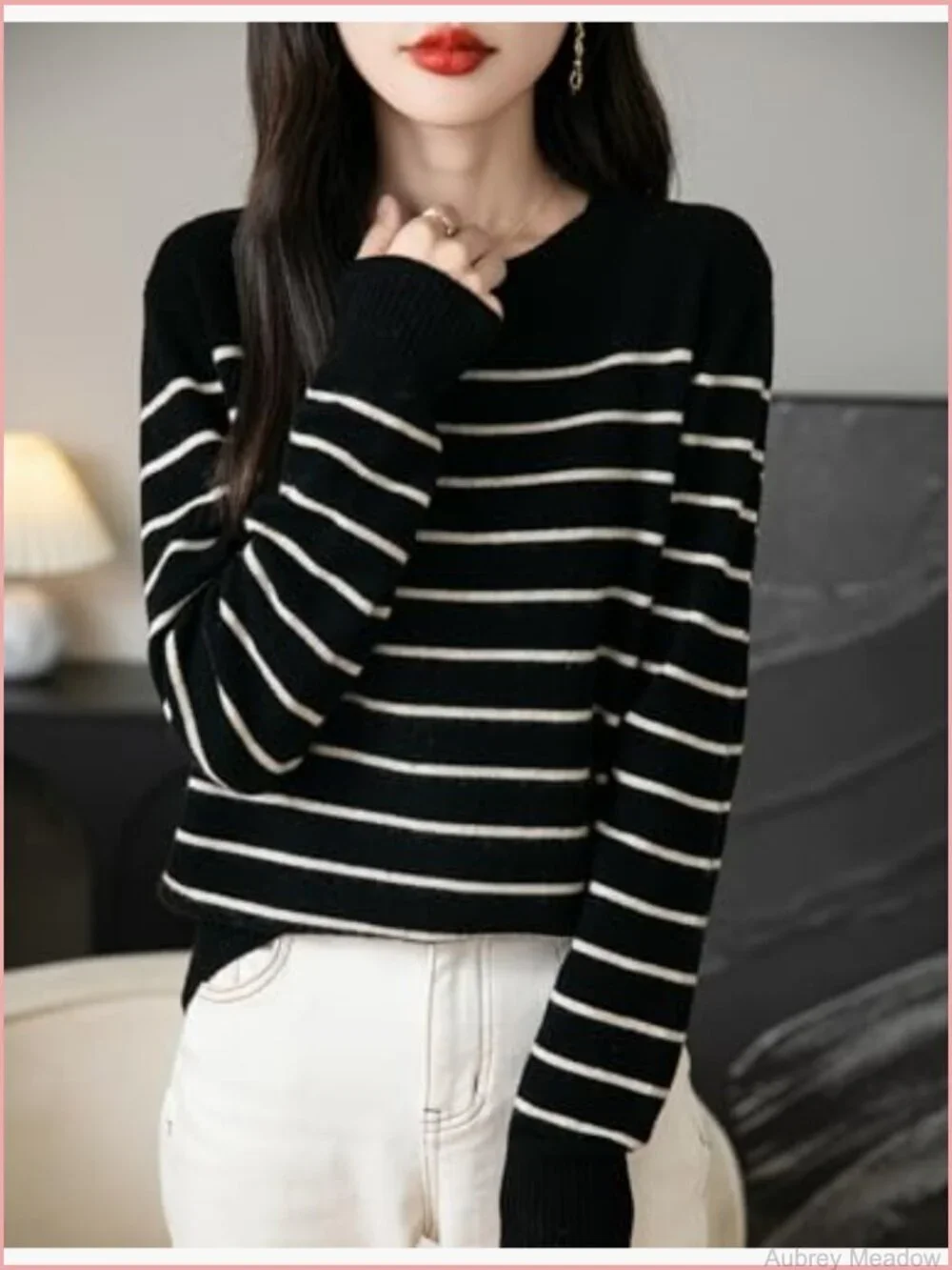 100% Merino Wool Crew Neck Striped Long Sleeve Pullover Sweater